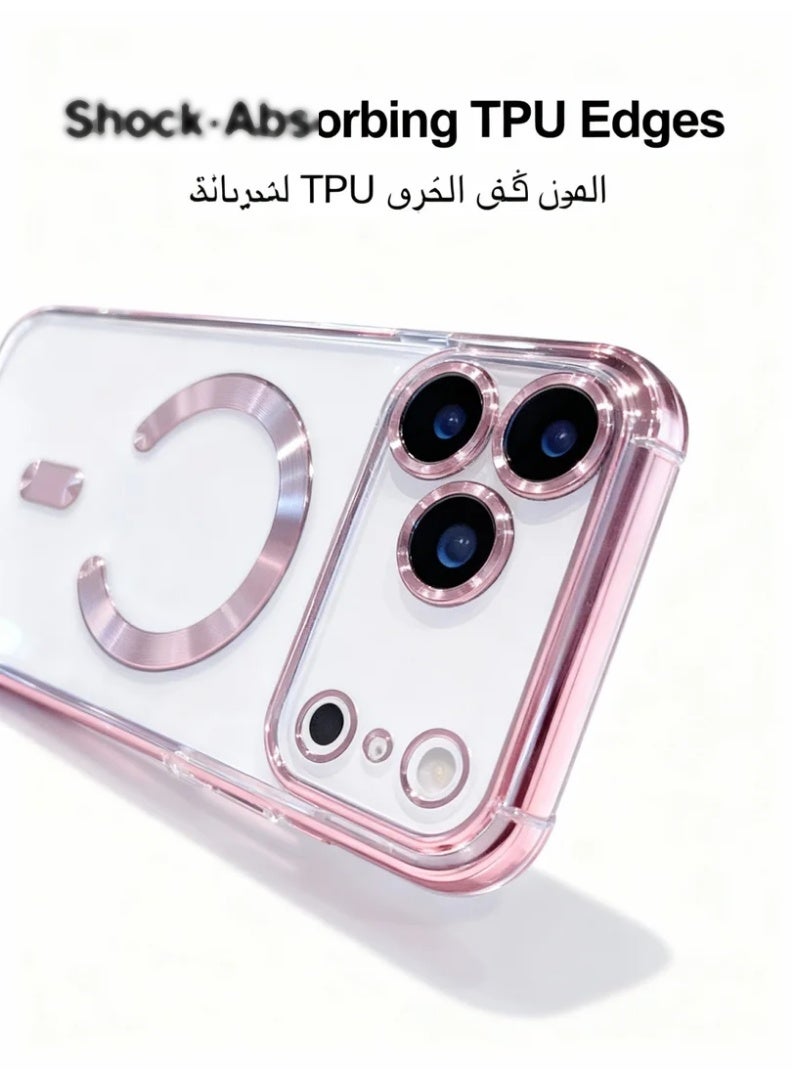 robotgcc Magnetic Phone Case for iPhone 17 Pro Max with Transparent Pink Electroplated Frame, Clear Shockproof Soft TPU Cover, Built-In Camera Lens Protection, Strong Magnetic Ring Compatible with Magnetic Charging, Anti-Drop Protective Case with Full Edge Coverage and Elegant Pink Finish - Image 5